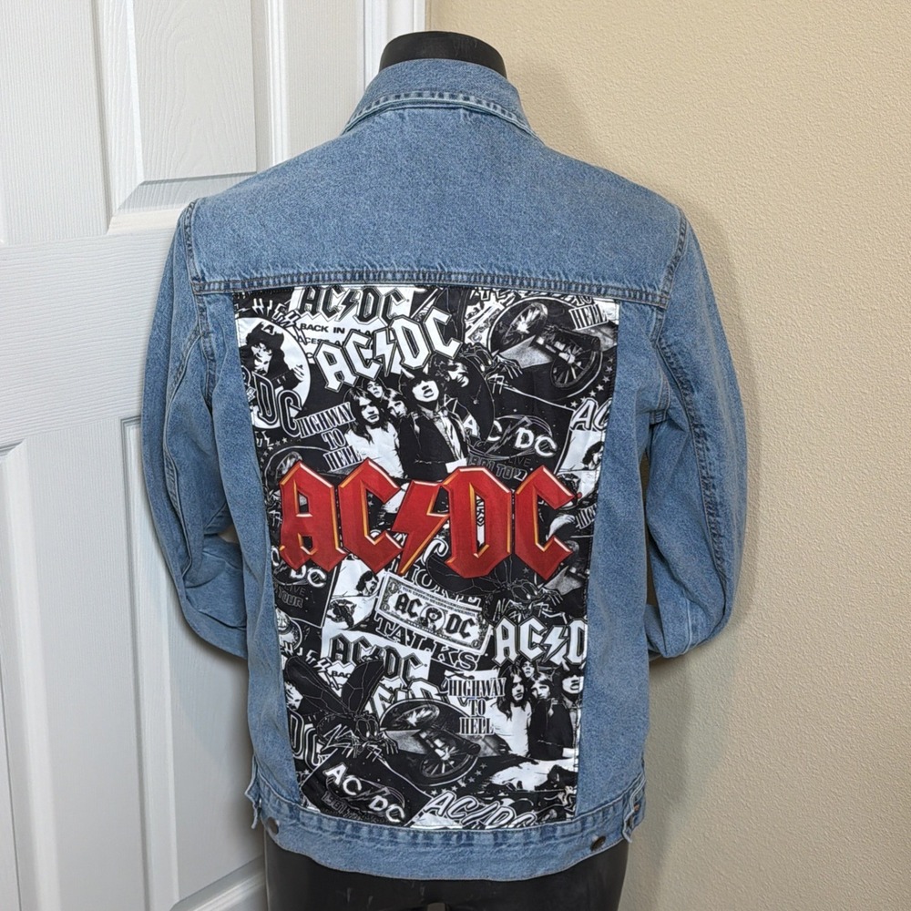 Custom AC/DC Denim Jacket Rock Band Graphic Back Panel Trucker Men's Medium